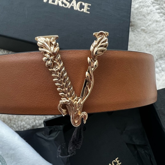 Versace Tan Leather Belt with Gold Accent - Picture 2 of 5